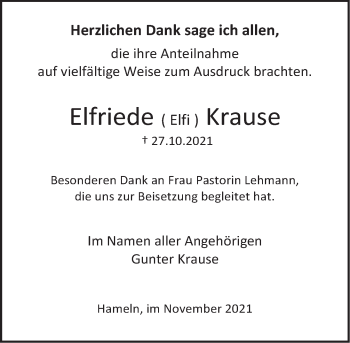 Traueranzeige von Elfriede  Krause von Deister- und Weserzeitung