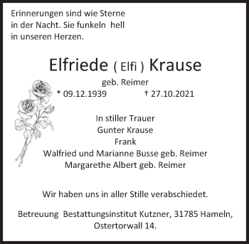 Traueranzeige von Elfriede  Krause von Deister- und Weserzeitung