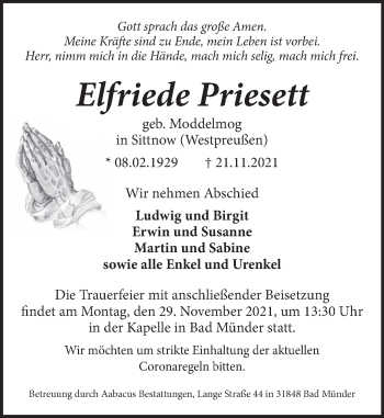 Traueranzeige von Elfriede Priesett von Neue Deister-Zeitung
