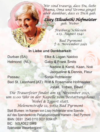 Traueranzeige von Elisabeth Hofmeister von Deister- und Weserzeitung