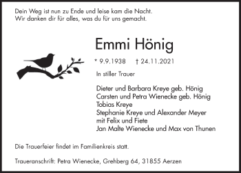 Traueranzeige von Emmi Hönig von Deister- und Weserzeitung