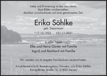 Traueranzeige von Erika Söhlke von Deister- und Weserzeitung