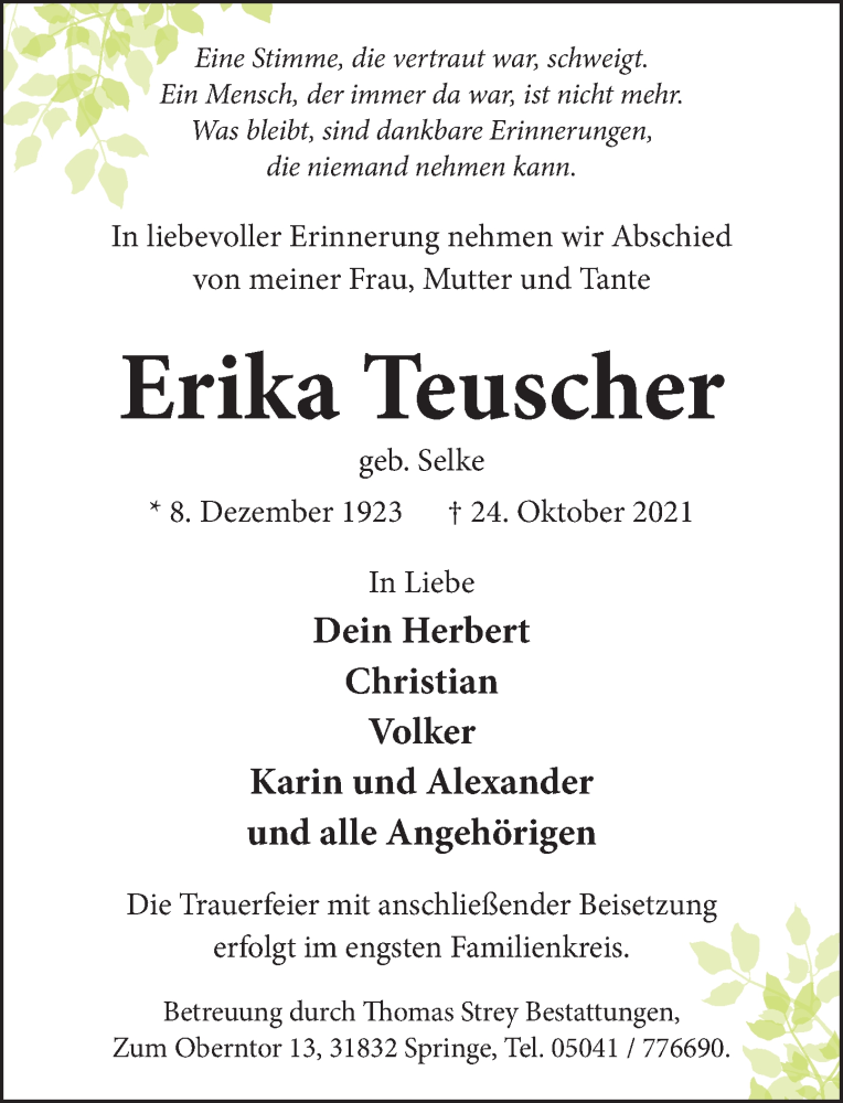  Traueranzeige für Erika Teuscher vom 12.11.2021 aus Neue Deister-Zeitung
