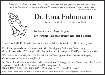 Traueranzeige von Erna Fuhrmann von Deister- und Weserzeitung