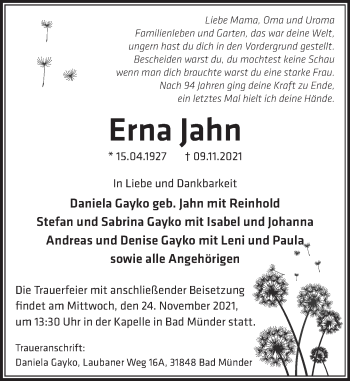 Traueranzeige von Erna Jahn von Neue Deister-Zeitung