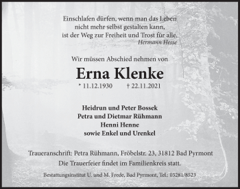 Traueranzeige von Erna Klenke von Deister- und Weserzeitung