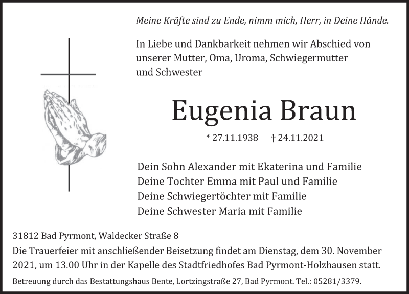  Traueranzeige für Eugenia Braun vom 27.11.2021 aus Deister- und Weserzeitung