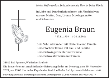 Traueranzeige von Eugenia Braun von Deister- und Weserzeitung