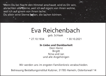 Traueranzeige von Eva Reichenbach von Deister- und Weserzeitung