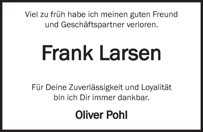  Traueranzeige für Frank Larsen vom 20.11.2021 aus Deister- und Weserzeitung