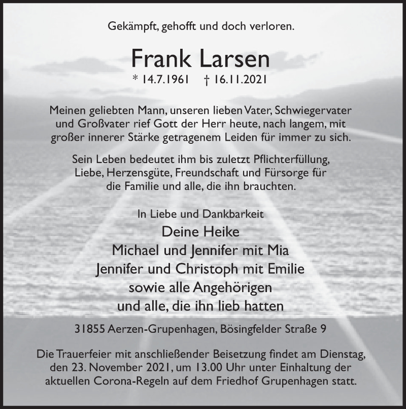  Traueranzeige für Frank Larsen vom 20.11.2021 aus Deister- und Weserzeitung