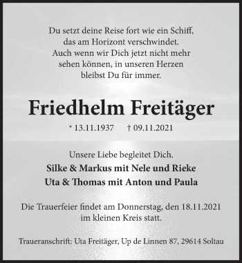 Traueranzeige von Friedhelm Freitäger von Deister- und Weserzeitung