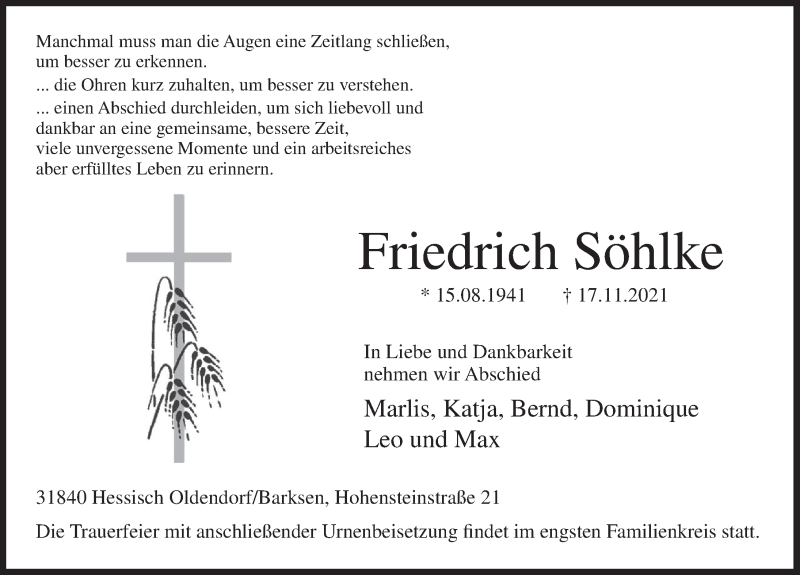  Traueranzeige für Friedrich Söhlke vom 20.11.2021 aus Deister- und Weserzeitung