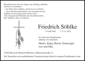 Traueranzeige von Friedrich Söhlke von Deister- und Weserzeitung