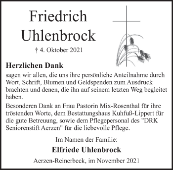 Traueranzeige von Friedrich Uhlenbrock von Deister- und Weserzeitung