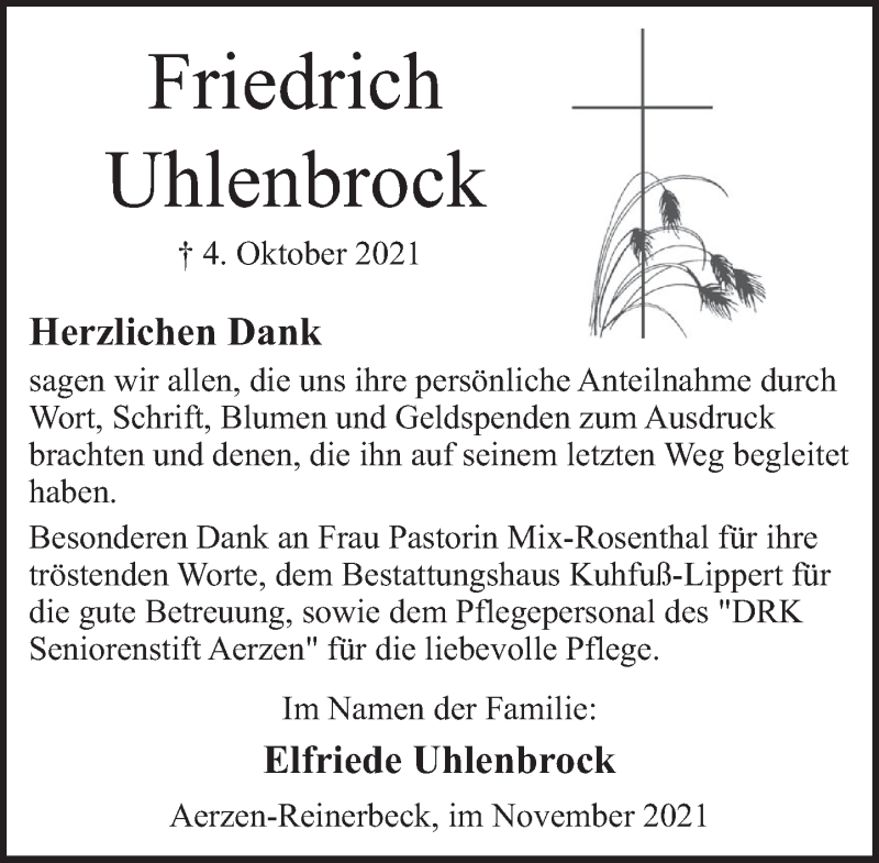  Traueranzeige für Friedrich Uhlenbrock vom 13.11.2021 aus Deister- und Weserzeitung
