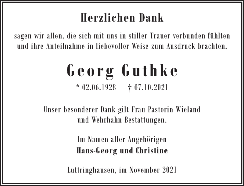  Traueranzeige für Georg Guthke vom 20.11.2021 aus Neue Deister-Zeitung