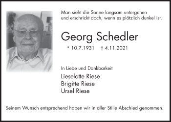 Traueranzeige von Georg Schedler von Deister- und Weserzeitung