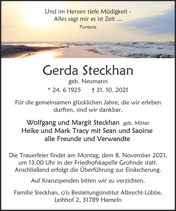Traueranzeige von Gerda Steckhan von Deister- und Weserzeitung