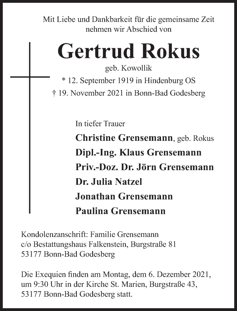  Traueranzeige für Gertrud Rokus vom 27.11.2021 aus Deister- und Weserzeitung