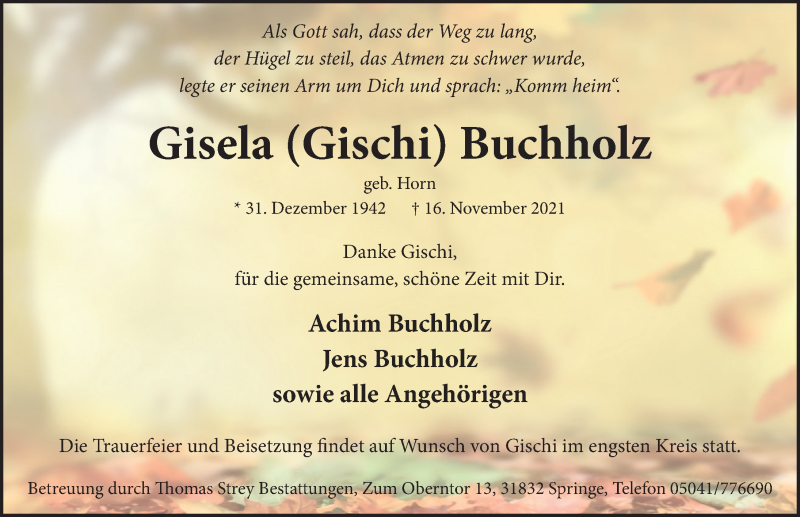  Traueranzeige für Gisela Buchholz vom 27.11.2021 aus Neue Deister-Zeitung