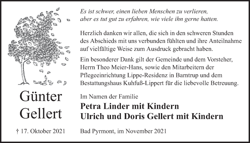  Traueranzeige für Günter Gellert vom 13.11.2021 aus Deister- und Weserzeitung