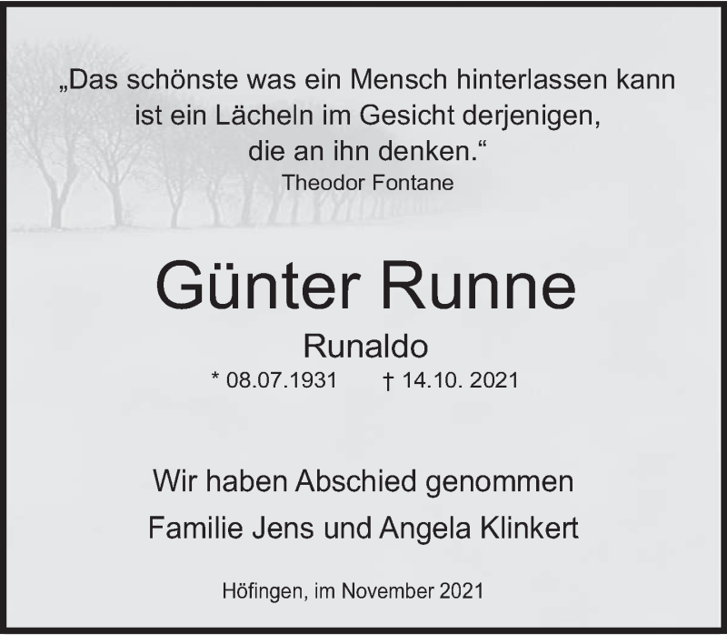  Traueranzeige für Günter Runne vom 06.11.2021 aus Deister- und Weserzeitung
