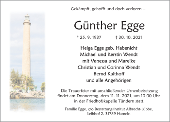 Traueranzeige von Günther Egge von Deister- und Weserzeitung