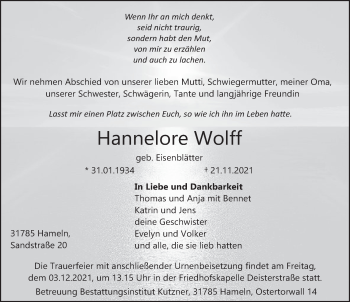 Traueranzeige von Hannelore Wolff von Deister- und Weserzeitung