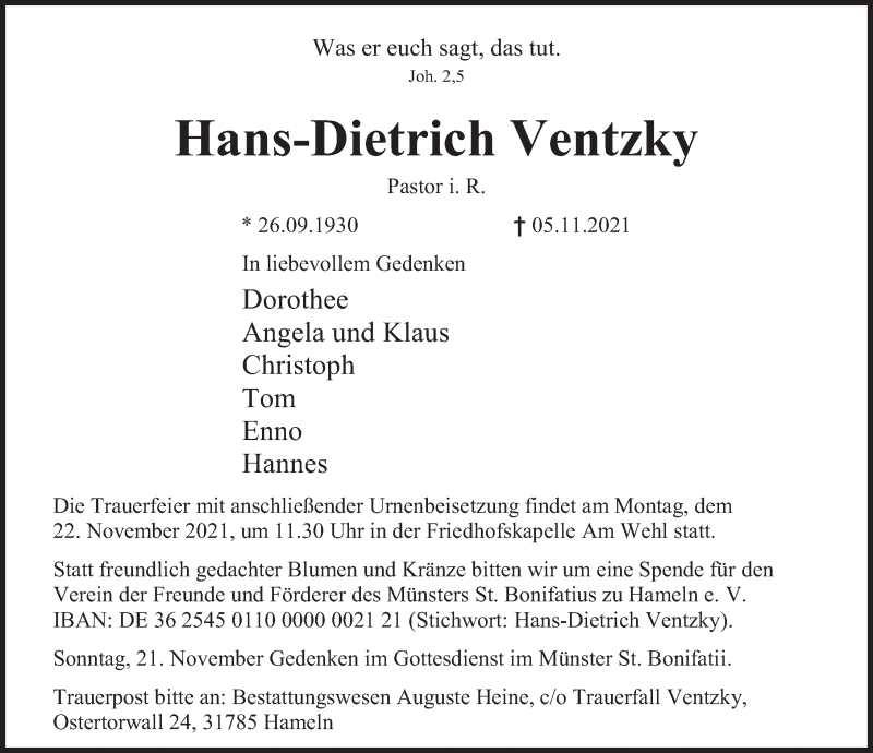  Traueranzeige für Hans-Dietrich Ventzky vom 13.11.2021 aus Deister- und Weserzeitung
