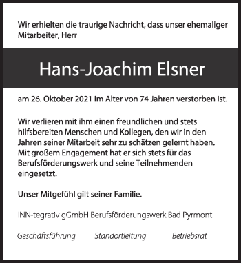 Traueranzeige von Hans-Joachim Elsner von Deister- und Weserzeitung