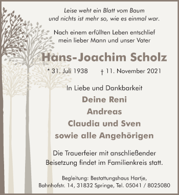 Traueranzeige von Hans-Joachim Scholz von Neue Deister-Zeitung