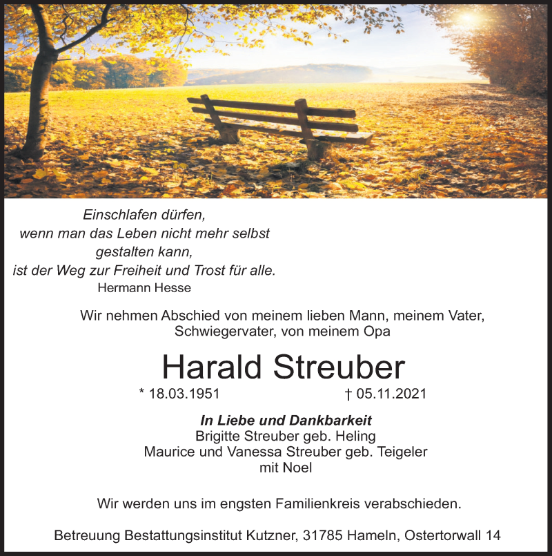  Traueranzeige für Harald Steuber vom 13.11.2021 aus Deister- und Weserzeitung