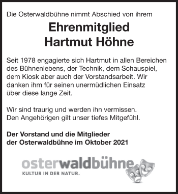 Traueranzeige von Hartmut Höhne von Deister- und Weserzeitung