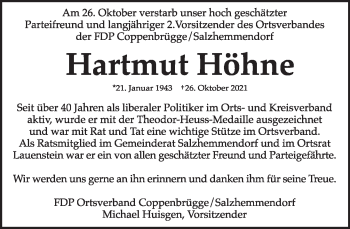 Traueranzeige von Hartmut Höhne von Deister- und Weserzeitung