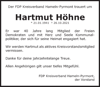 Traueranzeige von Hartmut Höhne von Deister- und Weserzeitung