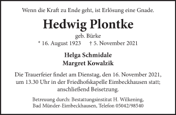 Traueranzeige von Hedwig Plontke von Neue Deister-Zeitung