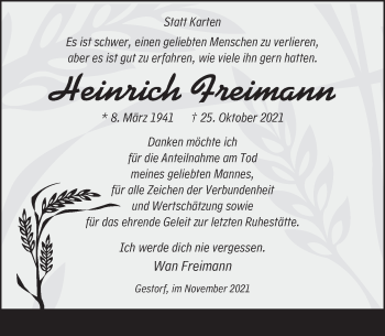 Traueranzeige von Heinrich Freimann von Neue Deister-Zeitung