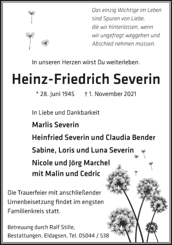 Traueranzeige von Heinz-Friedrich Severin von Neue Deister-Zeitung