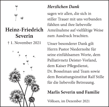 Traueranzeige von Heinz-Friedrich Severin von Neue Deister-Zeitung