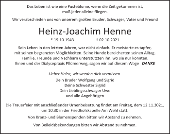 Traueranzeige von Heinz-Joachim Henne von Deister- und Weserzeitung