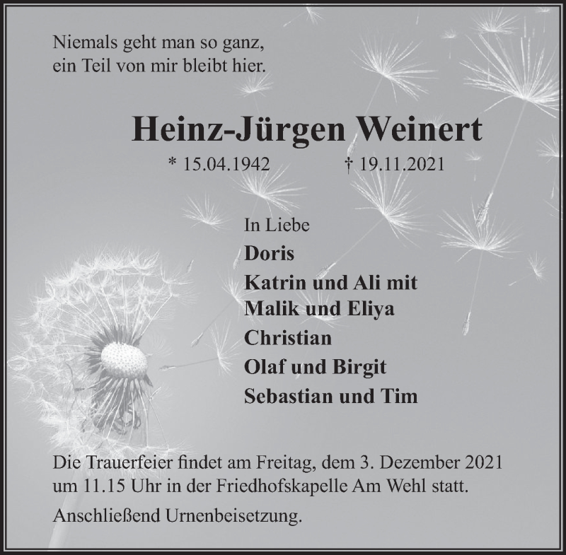 Traueranzeige für Heinz-Jürgen Weinert vom 27.11.2021 aus Deister- und Weserzeitung