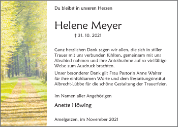 Traueranzeige von Helene Meyer von Deister- und Weserzeitung