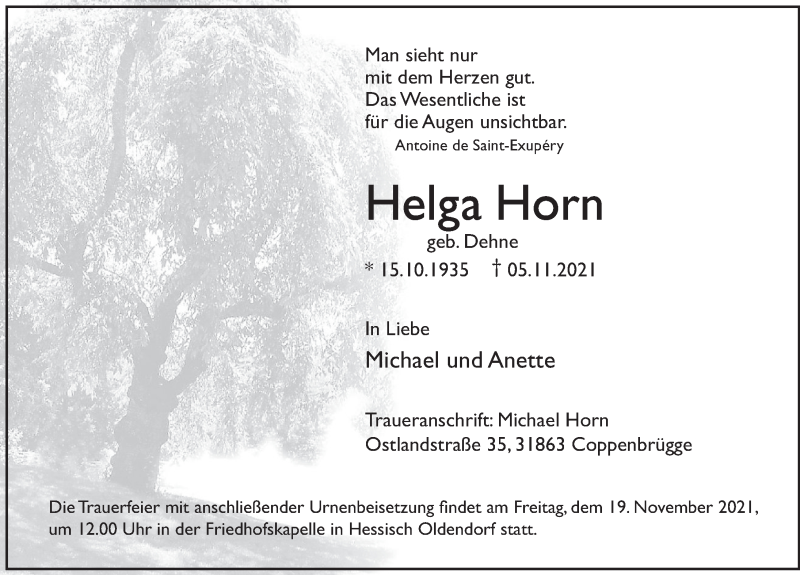  Traueranzeige für Helga Horn vom 13.11.2021 aus Deister- und Weserzeitung