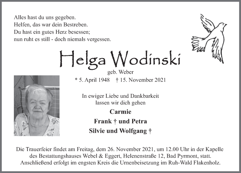  Traueranzeige für Helga Wodinski vom 20.11.2021 aus Deister- und Weserzeitung