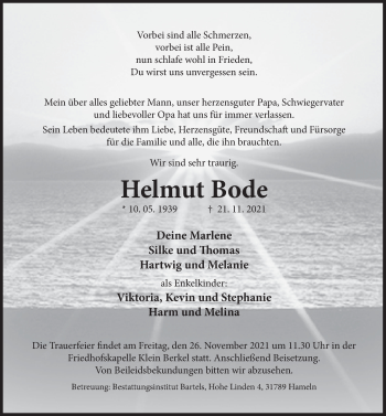 Traueranzeige von Helmut Bode von Deister- und Weserzeitung