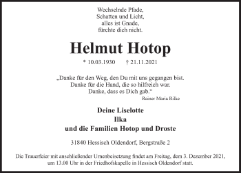 Traueranzeige von Helmut Hotop von Deister- und Weserzeitung