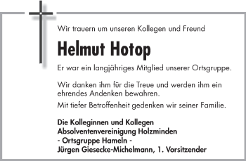 Traueranzeige von Helmut Hotop von Deister- und Weserzeitung