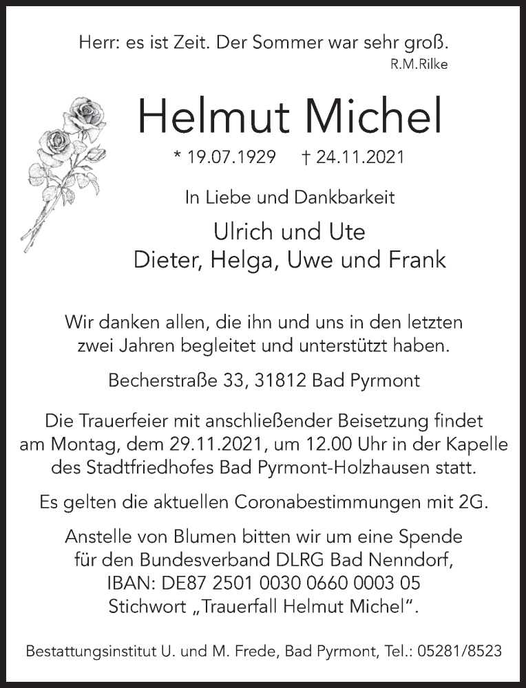  Traueranzeige für Helmut Michel vom 27.11.2021 aus Deister- und Weserzeitung