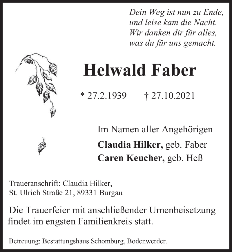  Traueranzeige für Helwald Faber vom 06.11.2021 aus Deister- und Weserzeitung